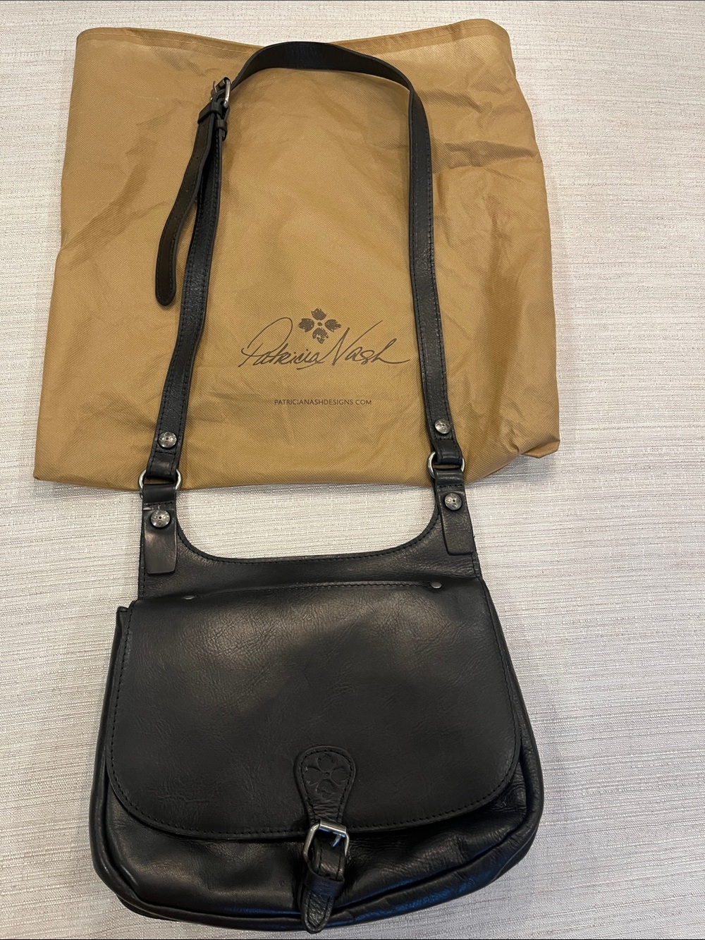 Patricia Nash Black Leather Flap Shoulder Bag